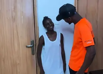 Petite ebony teen with a tight creampie swallows the Mechanic's load